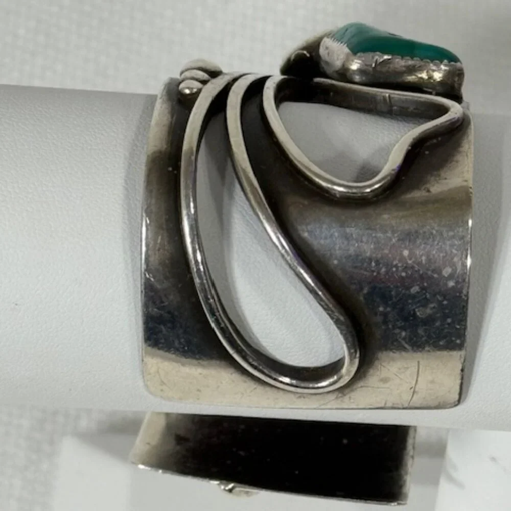 Signed Edison Piaso heavy gauge silver and Sonoran Gold turquoise cuff bracelet.